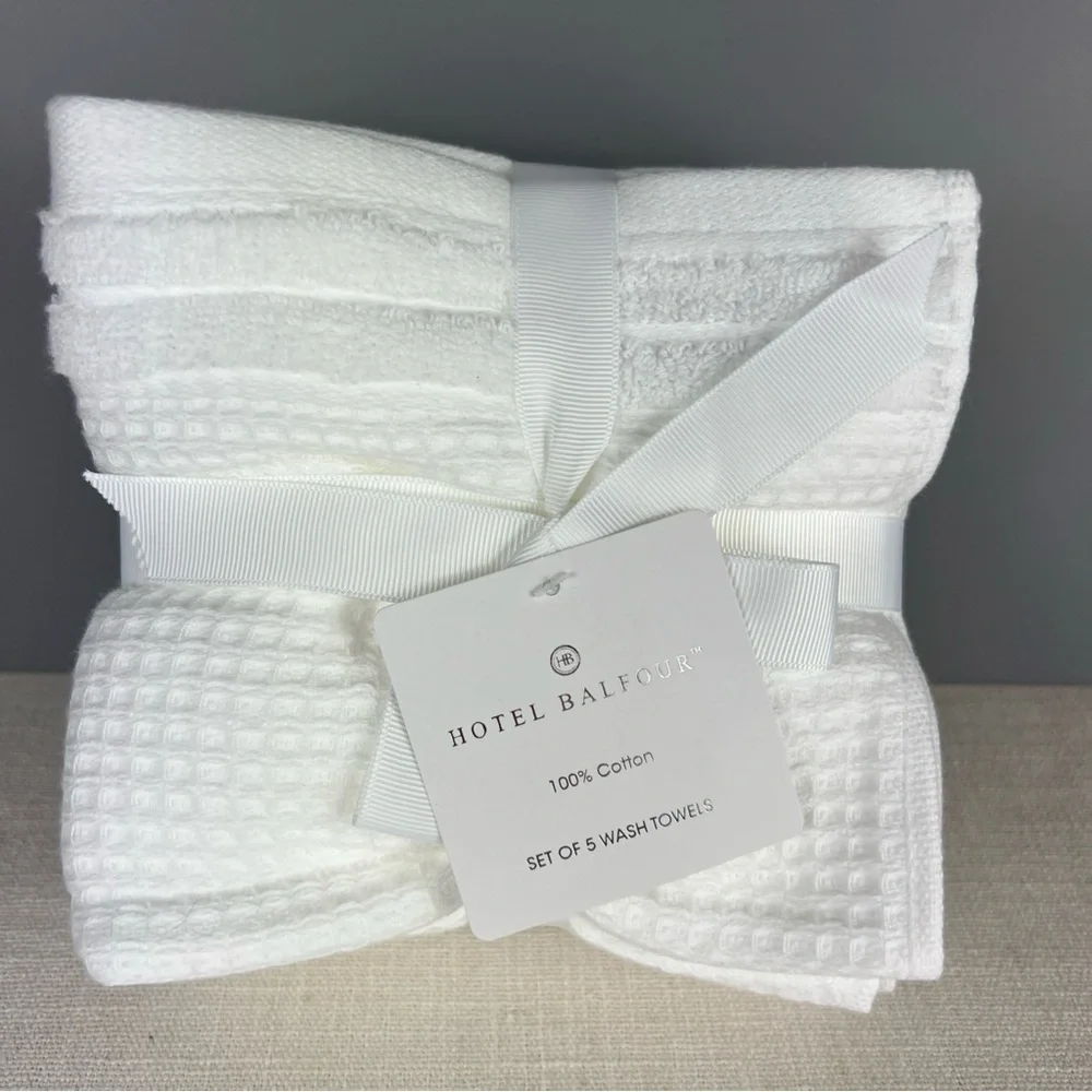 Hotel Balfour Wash Cloth Set Waffle Weave White 100% Cotton Luxury Spa 5 pc NEW